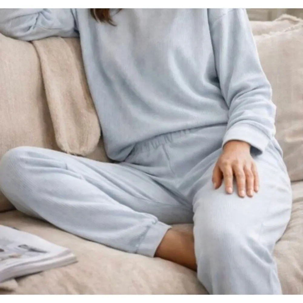 Yogalicious Asbury dreamy ribbed velvet plush lounge sleep pants light blue L